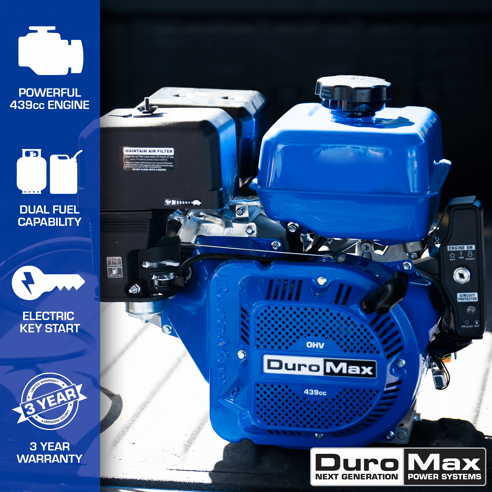 DuroMax, DuroMax XP18HPX 439cc 1" Shaft Recoil/Electric Start Horizontal Dual Fuel Engine