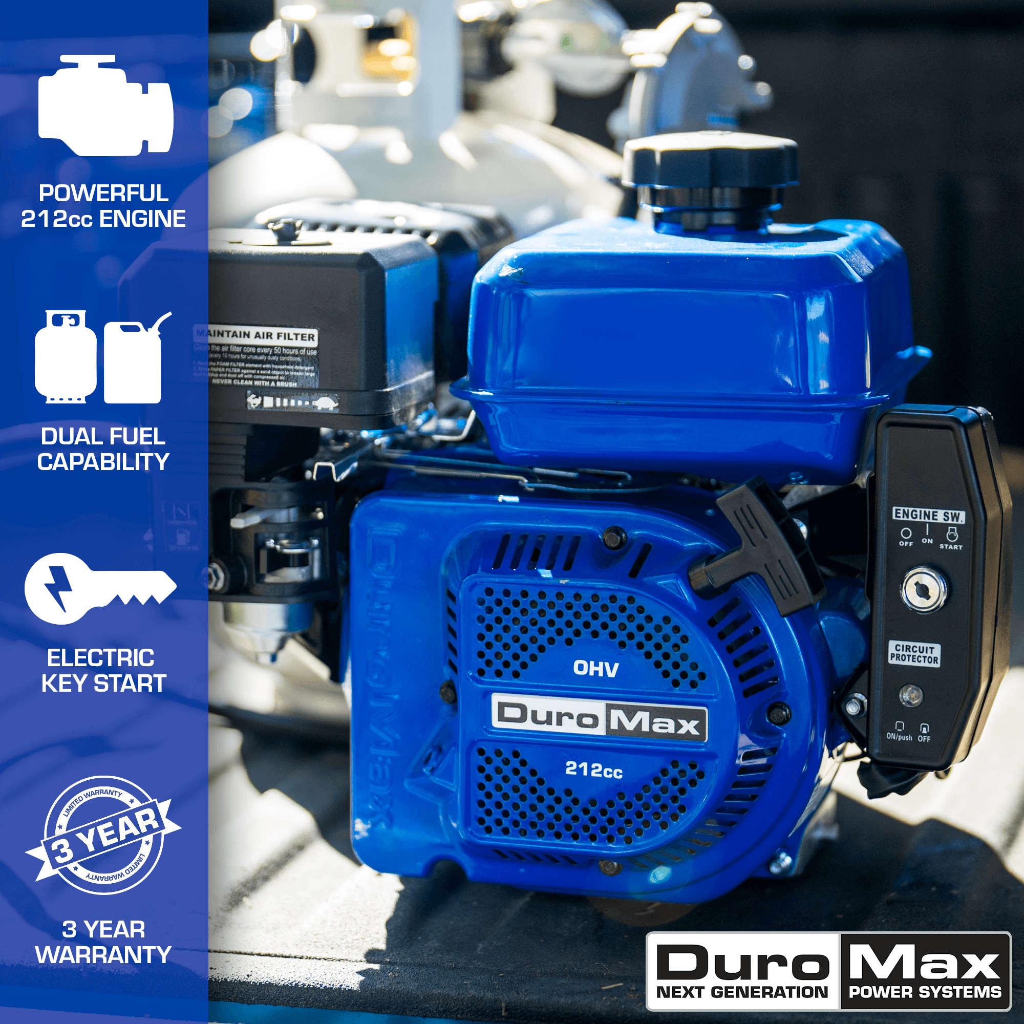 DuroMax, DuroMax XP7HPX 212cc 3/4" Shaft Recoil/Electric Start Horizontal Dual Fuel Engine